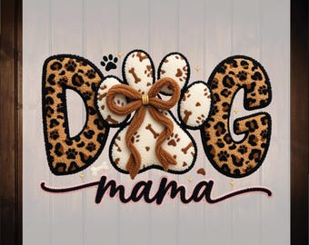 Leopard Dog Mama Paw Ready To Press, Faux Yarn Bow Dtf Transfers, Mothers Day, Dog Lover Gift Dtf, Dog Paw, Animal Lover