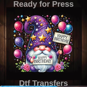 Joyeux anniversaire nain prêt à imprimer, ballons colorés transferts Dtf nain, cadeau d&#39;anniversaire nain DTF, joyeux anniversaire Dtf, anniversaire vibrations Dtf