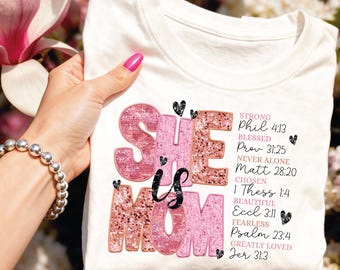 She is Mom Seqnuit Ready To Press, Faux Glitter Sequin Mothers Day Dtf Transfers, Praying Mama,  Religious Mom, Best Mom Ever Dtf