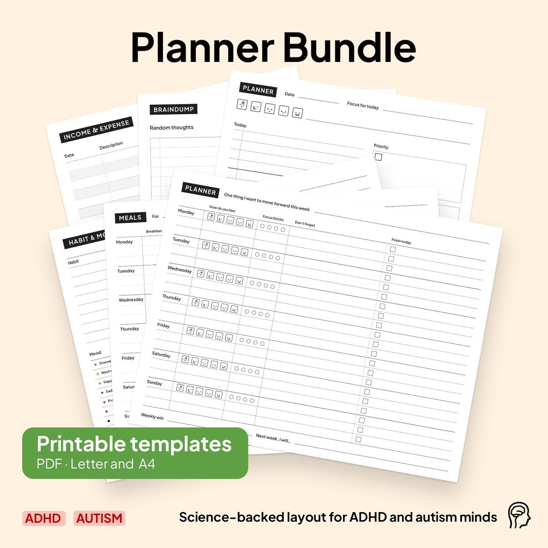 Printable ADHD Planner Bundle – Daily, Weekly, Habit, Meal & Budget ...