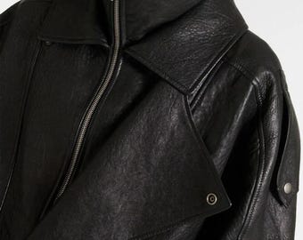 Women's Black Oversized Leather Jacket, Handmade Sheepskin Leather Coat, Vintage Moto Biker Style, Relaxed Fit Y2K Streetwear