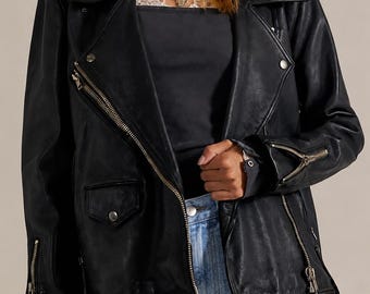 Women's Black Leather Moto Biker Jacket, Handmade Sheepskin Coat, Vintage Motorcycle Jacket, Relaxed Fit Y2K Streetwear