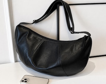 Black Leather Hobo Bag for Women Oversized Slouchy Shoulder Bag Handmade Cowhide Leather Purse Large Everyday Handbag Gift for Her