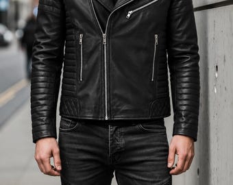 Black Leather Biker Jacket for Men Genuine Quilted Moto Jacket with Zipped Pockets & Cuffs Handmade Outerwear