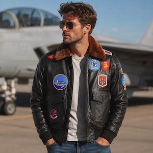Top Gun Maverick Aviator Leather Jacket, Handmade Black Flight Bomber, Military Patch Pilot Jacket, Vintage Aviation Outerwear