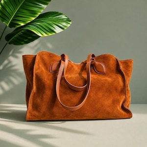 May include: A large, rectangular tote bag crafted from rich, burnt-orange suede leather. The bag features two matching leather shoulder straps attached with reinforced tabs and a soft, unstructured silhouette with a wide, open-top main compartment.