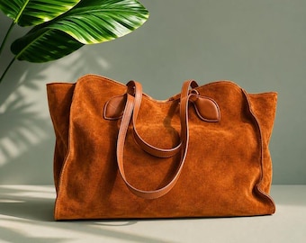 Large Suede Leather Tote Bag for Women Oversized Brown Work Laptop Bag Soft Slouchy Hobo Shoulder Purse