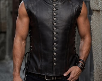 Men's Black Leather Vest, Medieval Gothic Steampunk Waistcoat, Vintage Renaissance Leather Jerkin