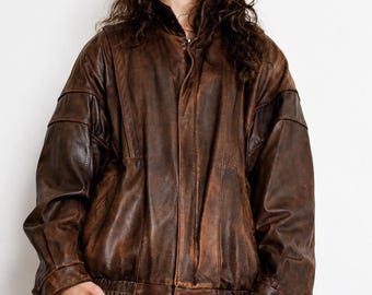 Women's Brown Oversized Leather Jacket Handmade Genuine Sheepskin Distressed Bomber Jacket 90s Inspired Streetwear