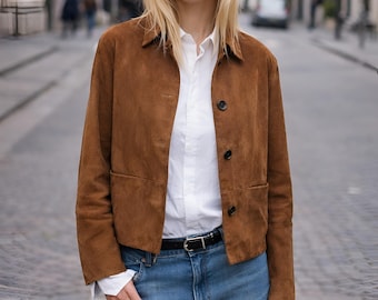 Women Brown Suede Leather Jacket, Vintage 90s Cropped Jacket, Minimalist Retro Outerwear