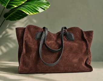 Dark Brown Suede Tote Bag for Women Oversized Genuine Leather Shoulder Bag Large Slouchy Hobo Purse Handmade Laptop Work Bag