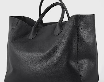 Black Genuine Leather Tote Bag for Women Handmade Cowhide Work Bag Large Oversized Laptop Carryall Minimalist Handbag