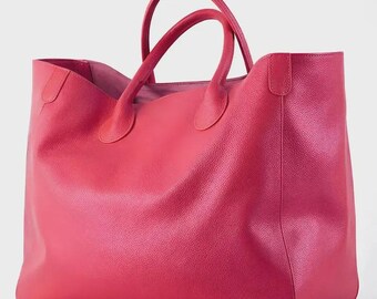 Hot Pink Leather Tote Bag for Women Oversized Cowhide Leather Shoulder Handbag Large Laptop Work Bag Anniversary Gift for Her