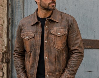 Men's Brown Distressed Leather Trucker Jacket, Vintage Western Outerwear, Handmade Sheepskin Jacket, Retro Casual Fashion