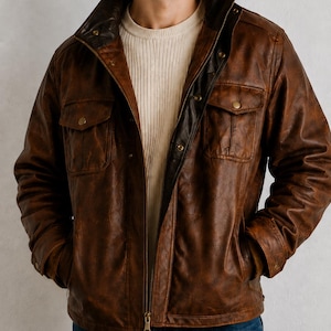 Men's Distressed Brown Sheepskin Leather Biker Jacket, Vintage Retro Moto Coat, Handmade Streetwear Fashion