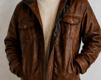 Men's Distressed Brown Sheepskin Leather Biker Jacket, Vintage Retro Moto Coat, Handmade Streetwear Fashion