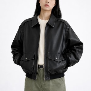 Oversized Brown Leather Bomber Jacket-womens 90s Retro Style