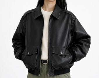 Women's Black Oversized Leather Bomber Jacket, Handmade Sheepskin Leather Coat, Relaxed Fit Vintage 90s Streetwear