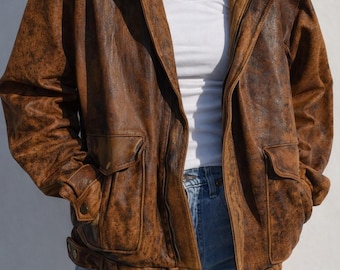 Women's Oversized Distressed Brown Leather Jacket, Handmade Sheepskin Leather Coat, Vintage 90s Fashion, Relaxed Fit Streetwear