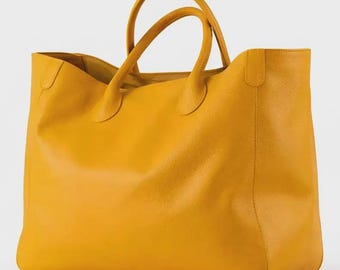 Yellow Leather Tote Bag for Women Oversized Genuine Cowhide Shoulder Purse Handmade Large Laptop Work Bag Minimalist Shopper Carryall