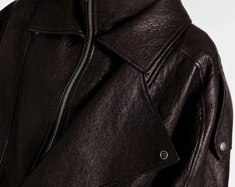 Women's Brown Oversized Leather Jacket, Vintage Sheepskin Leather Coat, Loose Fit 90s Retro Streetwear, Casual Fashion Outerwear