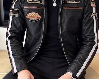 Men's Black Leather Biker Jacket Handmade Motorcycle Style Embroidered Racing Patches Cafe Racer Jacket Vintage Streetwear