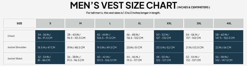 mens leather vest size chart, vest measurement guide men, western leather waistcoat sizing, biker vest size guide, cowboy vest measurements, genuine leather vest fit chart, handmade mens vest sizing, chest shoulder waist measurements, medieval leather vest size chart, steampunk waistcoat sizing guide, vintage leather vest fit guide, plus size mens leather vest, S to 4XL vest chart, Etsy mens clothing measurements, accurate sizing guide, tailored leather vest dimensions, ranch style waistcoat