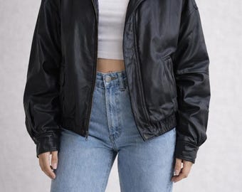 Oversized Black Leather Bomber Jacket Women's Handmade Genuine Sheepskin Leather Jacket Relaxed Fit Vintage 90s Streetwear Gift for Her