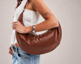 Women's Brown Genuine Cowhide Leather Hobo Bag Handmade Oversized Slouchy Shoulder Bag Minimalist Large Leather Purse