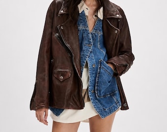Vintage Sheepskin Leather Moto Jacket, Distressed Brown Oversized Biker Coat, Women 90s Motorcycle Jacket