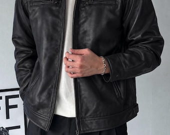 Chaqueta de motociclista de cuero negro para hombre, de auténtica piel de oveja, estilo Cafe Racer, hecha a mano, estilo vintage urbano.