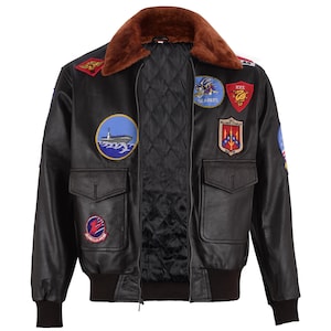 Vintage Aviator Leather Bomber Jacket Men Genuine Leather Flight Jacket Brown Fur Collar Military Patch Top Gun Maverick Style Outerwear
