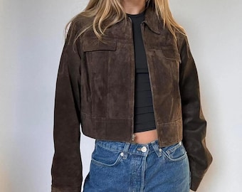 Brown Suede Leather Cropped Jacket, Vintage 90s Western Suede Coat, Handmade Minimalist Outerwear