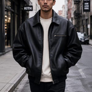 Men's Oversized Black Leather Bomber Jacket Handmade Genuine Sheepskin Leather Jacket Vintage 90s Baggy Fit Streetwear Gift for Him