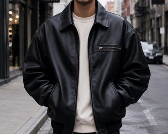 Men's Oversized Black Leather Bomber Jacket Handmade Genuine Sheepskin Leather Jacket Vintage 90s Baggy Fit Streetwear Gift for Him