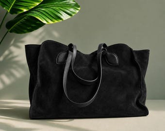 Bolso tote grande de piel de ante negra para mujer, bolso holgado extragrande para el trabajo o el portátil, bolso de viaje hecho a mano, regalo para ella.