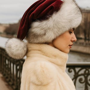 Luxury Velvet Santa Hat with Real Fox Fur Trim Burgundy Christmas Hat Handmade Santa Claus Costume Accessory Personalized Holiday Hat