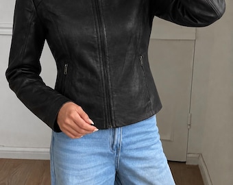 Black Leather Biker Jacket for Women Genuine Sheepskin Leather Motorcycle Moto Cafe Racer Jacket Handmade Quilted Jacket