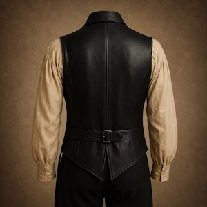 back view black leather vest men, gothic waistcoat back detail, western leather vest rear view, pirate leather costume vest, Victorian mens leather waistcoat, medieval leather apparel, handmade black leather vest, steampunk fashion menswear, renaissance fair leather outfit, cowboy leather waistcoat back, buckle strap leather vest, artisan crafted leather clothing, fantasy cosplay vest men, rugged outlaw leather style, biker leather waistcoat black, historical reenactment costume, old west mens