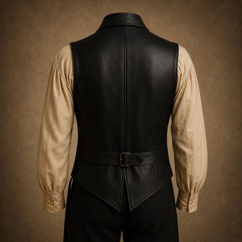 back view black leather vest men, gothic waistcoat back detail, western leather vest rear view, pirate leather costume vest, Victorian mens leather waistcoat, medieval leather apparel, handmade black leather vest, steampunk fashion menswear, renaissance fair leather outfit, cowboy leather waistcoat back, buckle strap leather vest, artisan crafted leather clothing, fantasy cosplay vest men, rugged outlaw leather style, biker leather waistcoat black, historical reenactment costume, old west mens