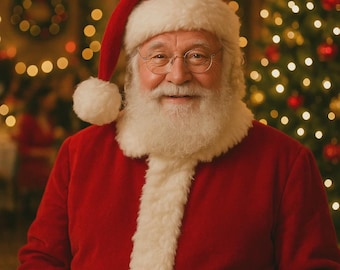 May include: A portrait of Santa Claus smiling, wearing a red suit with white trim, a matching hat, and round glasses. He has a long white beard and is set against a blurred background of Christmas lights and a decorated tree.
