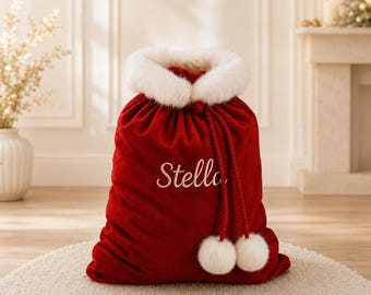 Personalized Santa Sack with Name, Red Velvet Christmas Gift Bag Faux Fur Drawstring, Custom Embroidered Present Bag Holiday Gifts