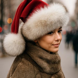 Luxury Velvet Santa Hat with Real Fox Fur Trim Handmade Christmas Hat Vintage Santa Claus Costume Accessory Vintage Holiday Hat