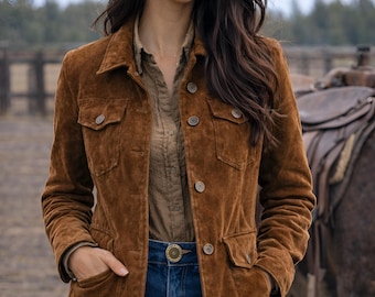 Women's Brown Genuine Suede Leather Coat, Western Cowgirl Jacket, Vintage Rodeo Fashion Outerwear