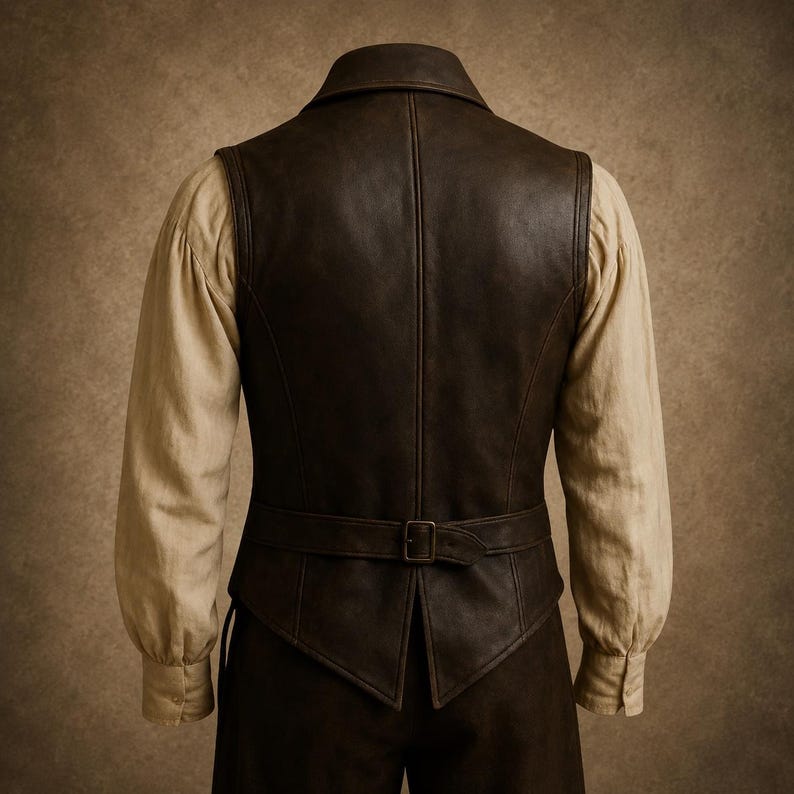 back view mens leather vest, western leather waistcoat back, vintage cowboy leather vest, handmade brown leather vest men, old west leather apparel, rustic ranch style waistcoat, medieval leather vest back detail, pirate inspired leather vest, steampunk mens waistcoat, genuine leather western clothing, frontier cowboy fashion, gothic leather vest men, retro outlaw waistcoat, buckle back leather vest, Victorian inspired menswear, rugged vintage leather fashion, distressed brown leather vest