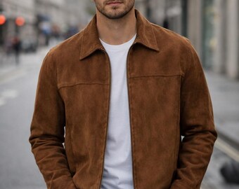 Men's Vintage Brown Suede Bomber Jacket, Handmade Genuine Suede Coat Casual Minimalist Fashion Outerwear