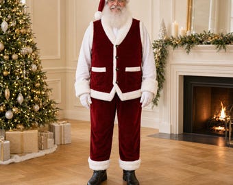 Burgundy Velvet Santa Claus Vest Set Handmade Faux Fur Christmas Costume with Pants and Hat Custom Christmas Outfit for Men