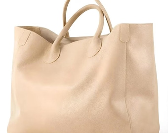Large Beige Leather Tote Bag for Women Handmade Cowhide Leather Handbag Minimalist Shopping Bag Oversized Travel Work Purse