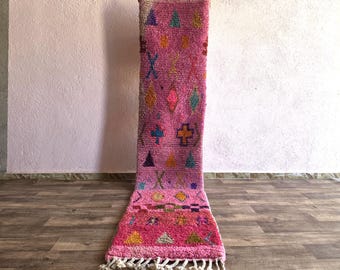 Pink Moroccan Runner Rug | Authentic Berber Wool Carpet, Boho Hallway Runner