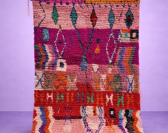 Tapis boujaad en laine noué à la main, tapis berbère marocain orange rouge bleu